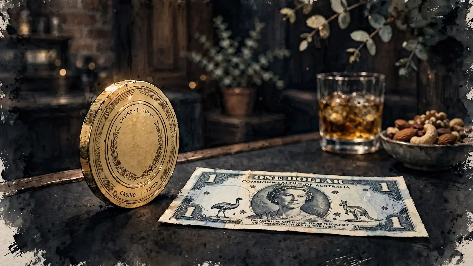 Single casino chip next to a one-dollar Australian banknote on a felt bar top.