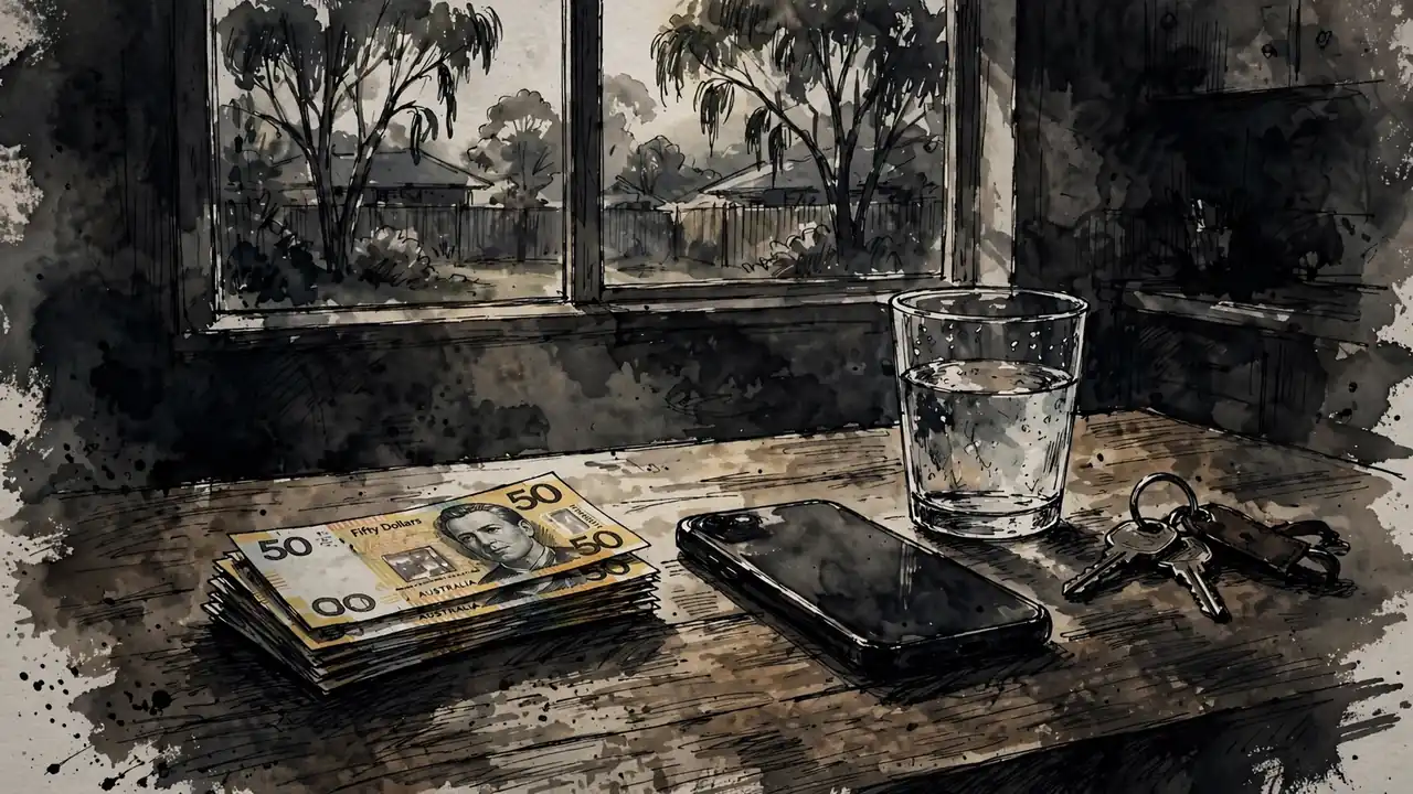 Australian dollars next to a smartphone on a kitchen table