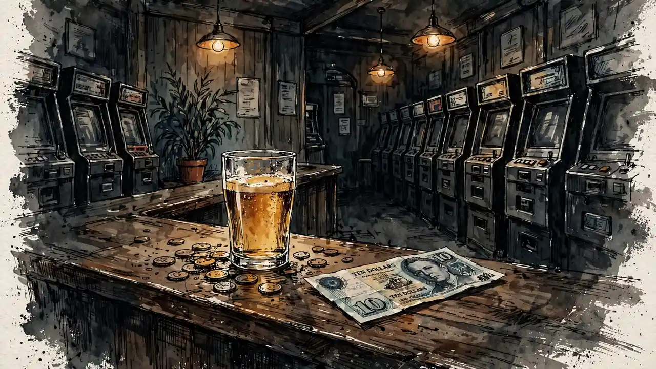 Australian RSL club interior with pokie machine cabinets and a bar counter holding coins and a ten-dollar note.