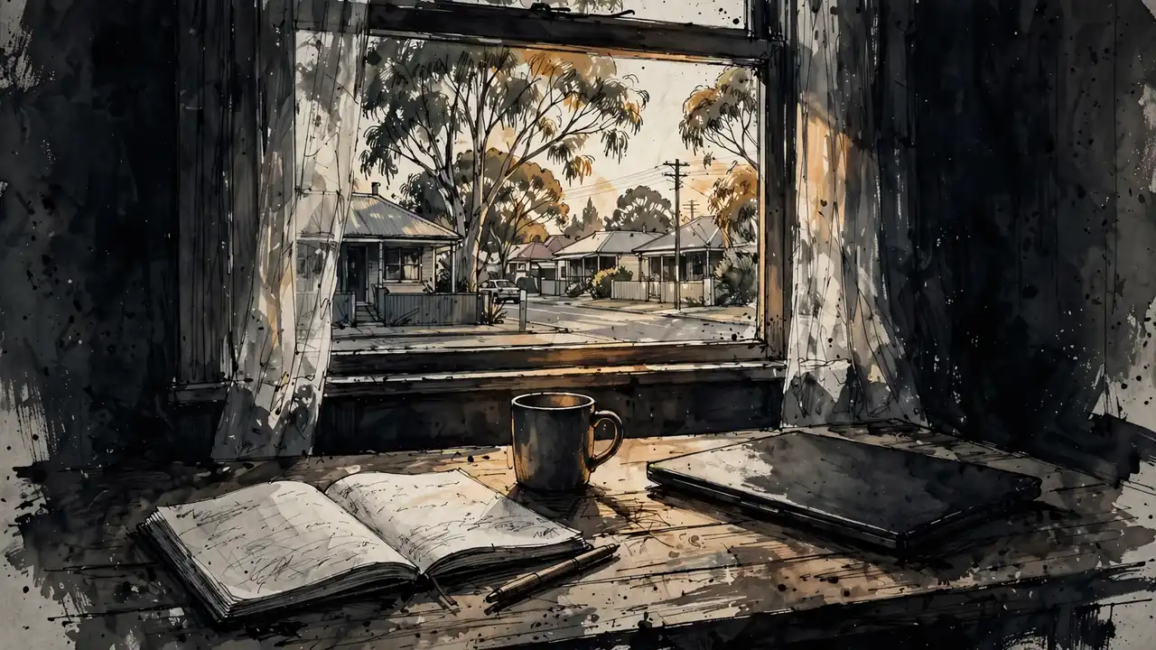 Australian home office desk with notebook, mug, and closed laptop near a sunny window.