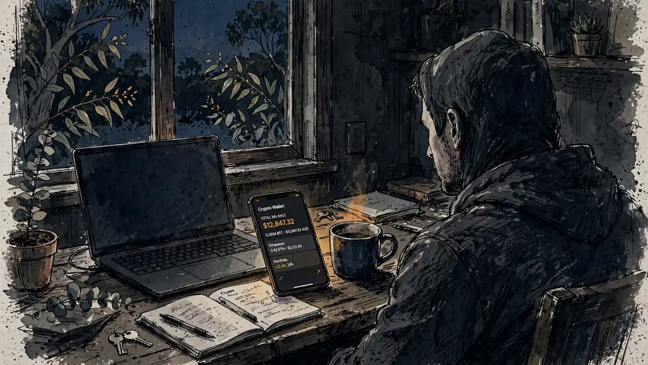 Anonymous user at desk with laptop in Australian home at night