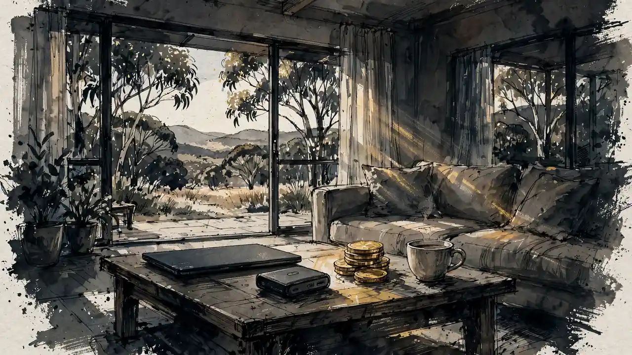 Sunlit Australian room with eucalyptus view, table holding a laptop, wallet device, and gold coins.