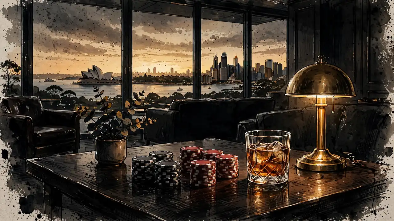 Australian high-rise casino lounge with stacked chips and coastal city skyline at golden hour