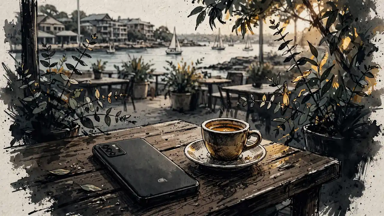 Android phone on a Sydney café table overlooking a harbour at golden hour