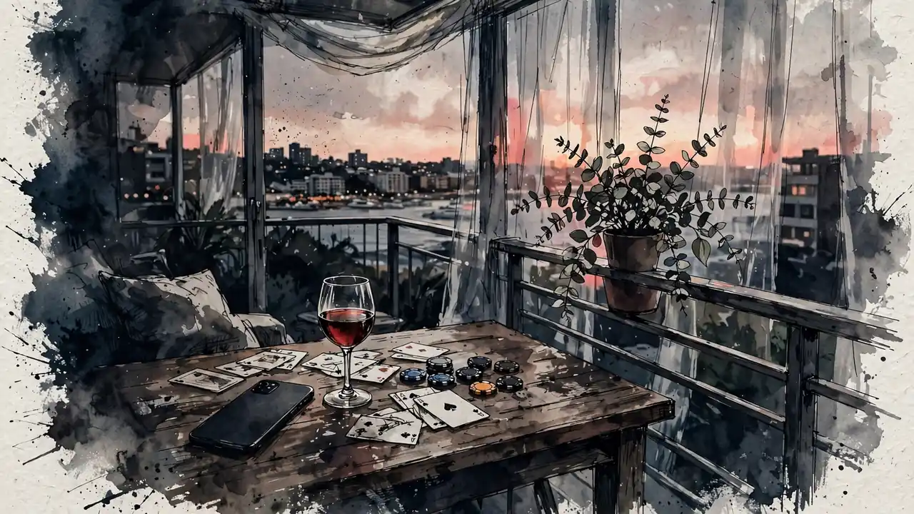 Smartphone on a balcony table with casino chips and cards, Sydney skyline at sunset