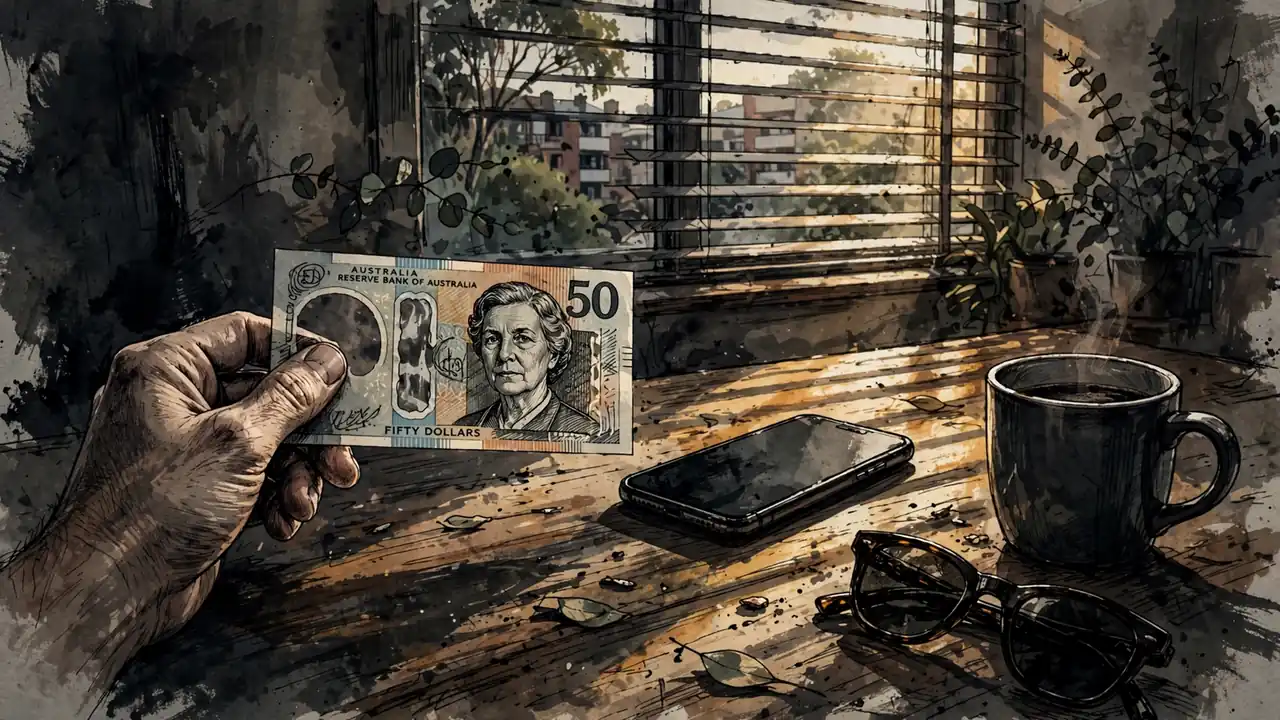 Hand holding Australian dollars next to smartphone on sunny table
