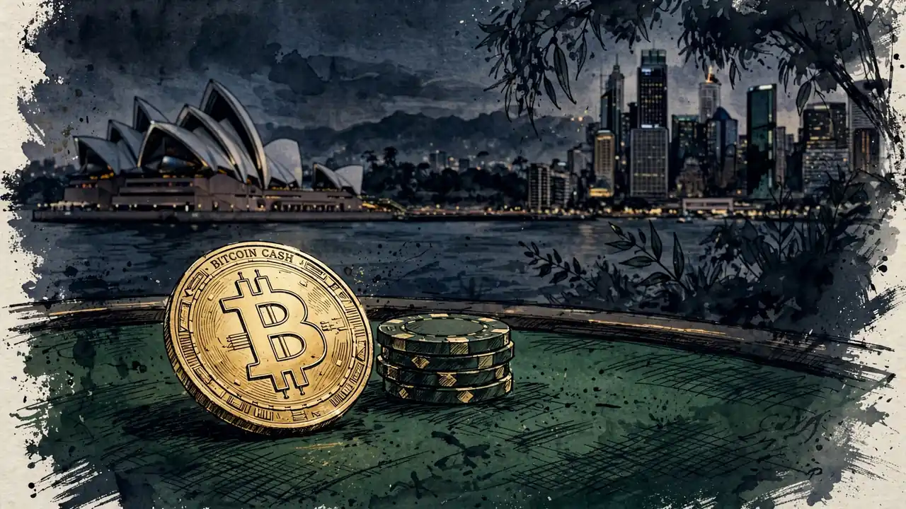 Bitcoin Cash coin on a casino table with chips, Australian skyline behind.