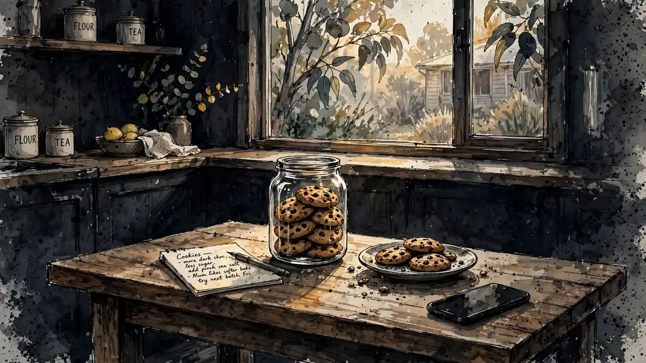 Glass jar of cookies on a wooden kitchen bench with morning light.