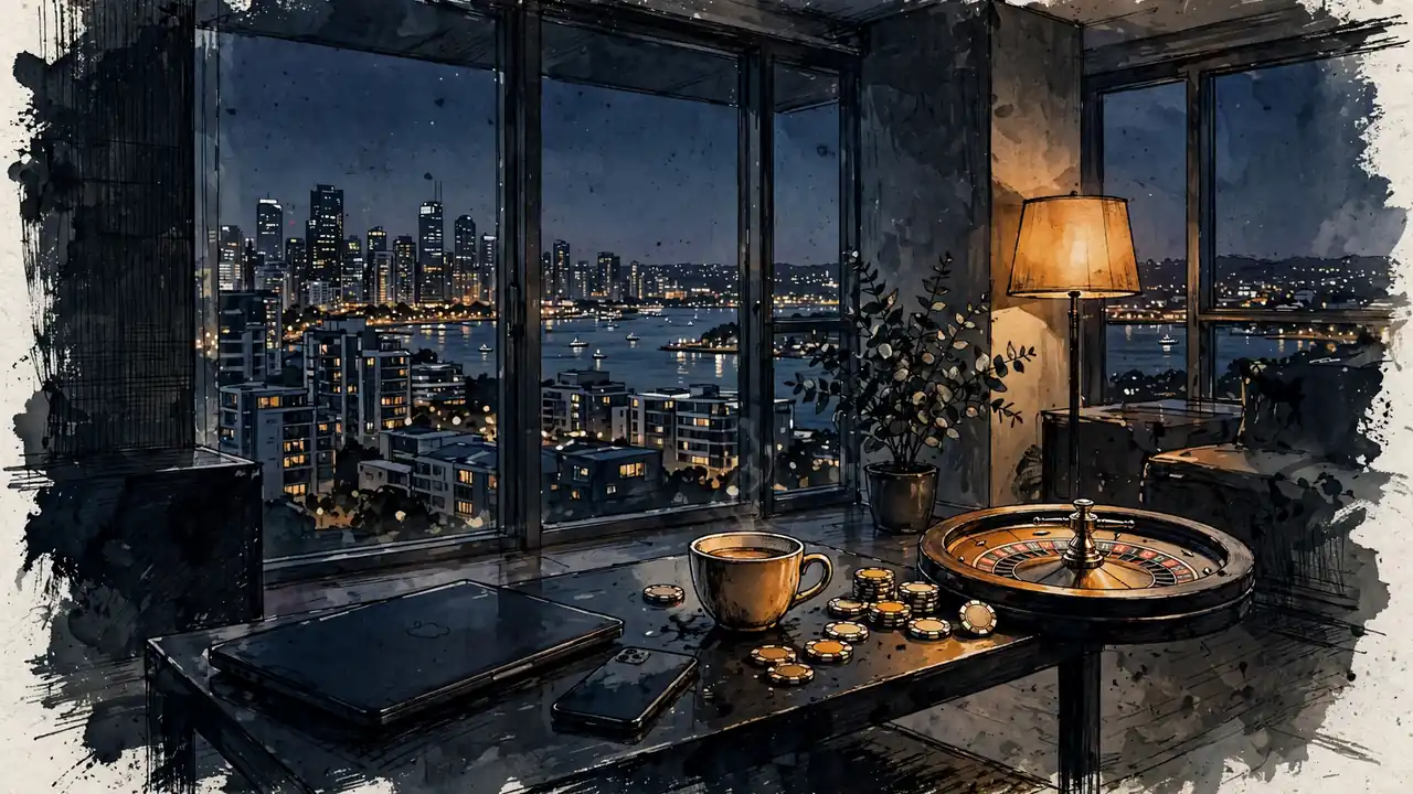 Sydney apartment at dusk with closed laptop, poker chips, and roulette wheel on a coffee table
