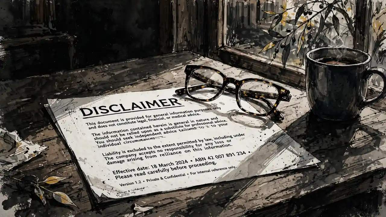 Printed disclaimer document on a sunlit desk with reading glasses and coffee mug.