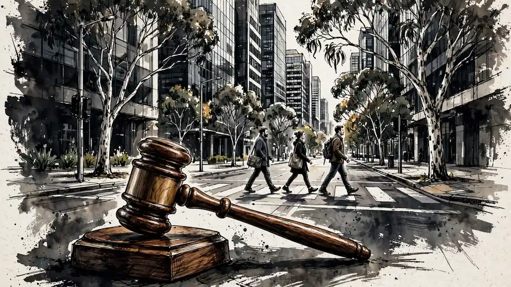 Gavel on a desk with modern Australian city skyline and eucalyptus trees behind