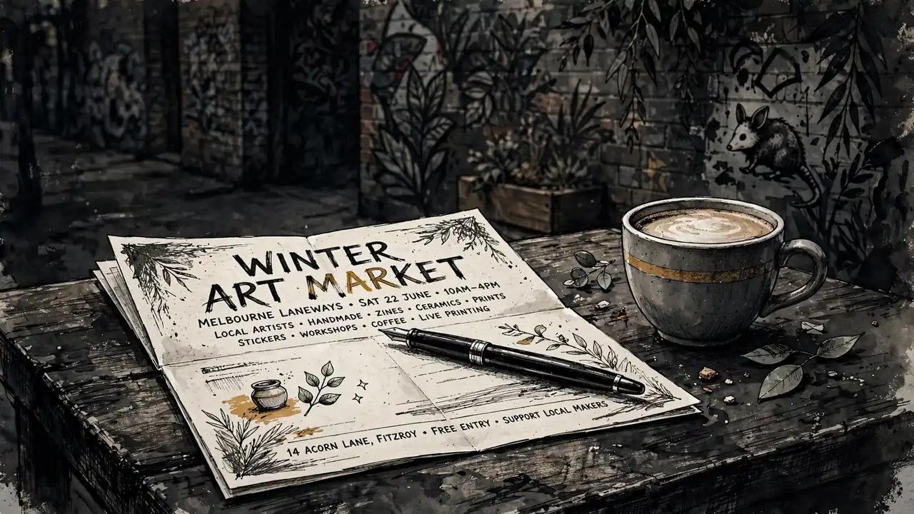 Promotional flyer on laneway cafe table beside a flat white coffee