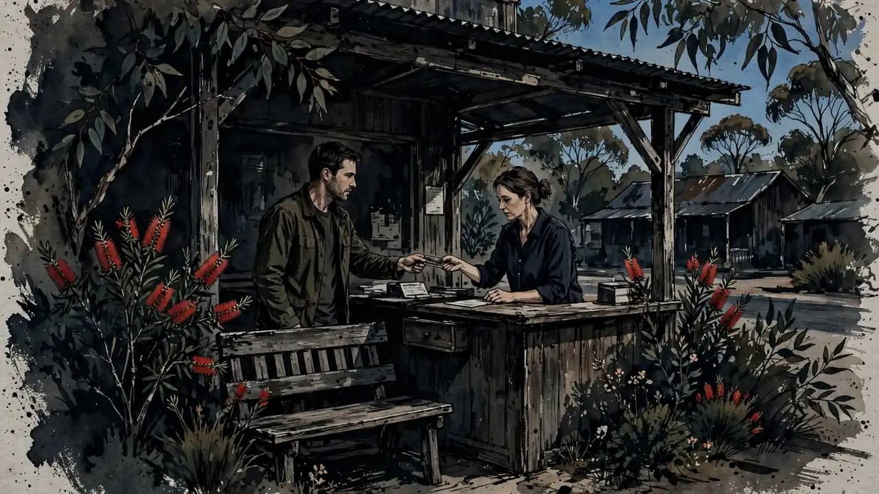 Customer handing bank card to teller at bright outdoor Australian bank counter