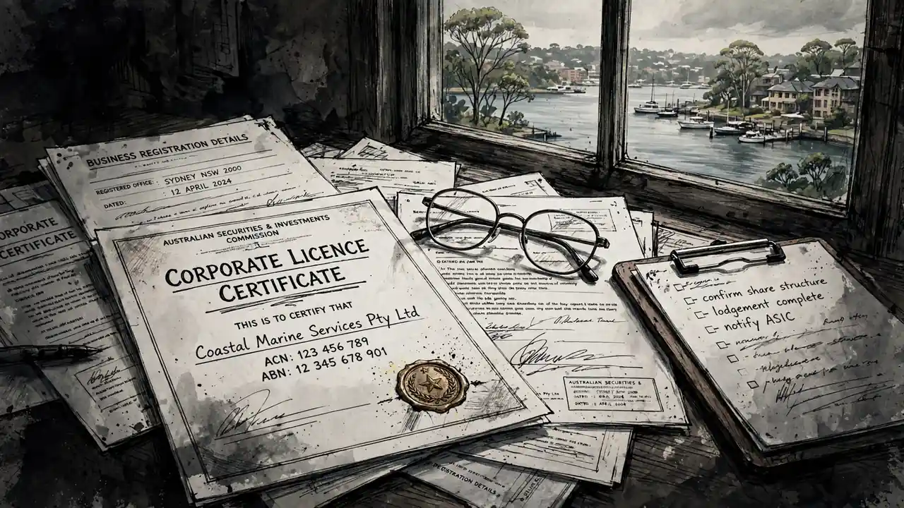 Official licence certificate on desk with glasses and Sydney Harbour through window