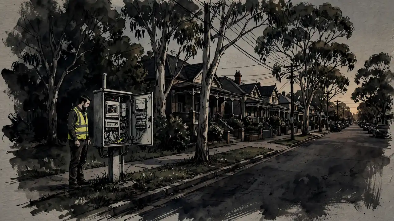 Technician servicing open telecom cabinet on a leafy Australian suburban street