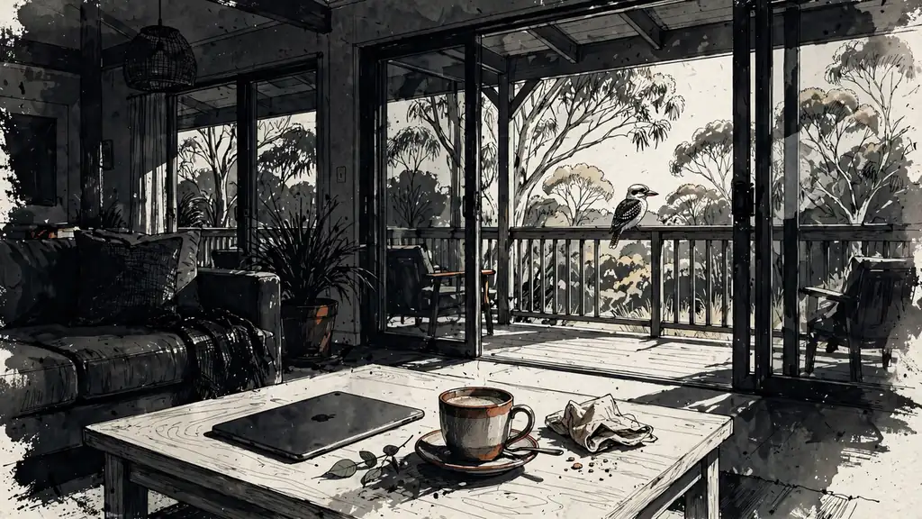 iPad face-down on coffee table in a sunlit Australian living room with eucalyptus view