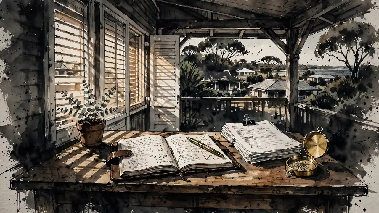 Notebook and official papers on a sunlit veranda with a compass and eucalyptus sprig.