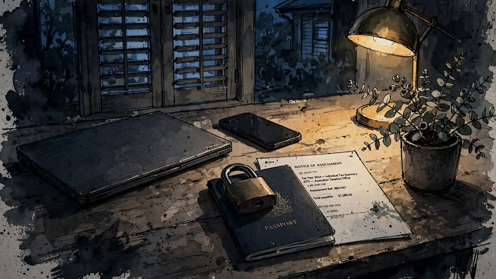 Locked devices and documents on an Australian home desk, symbolizing online security verification.