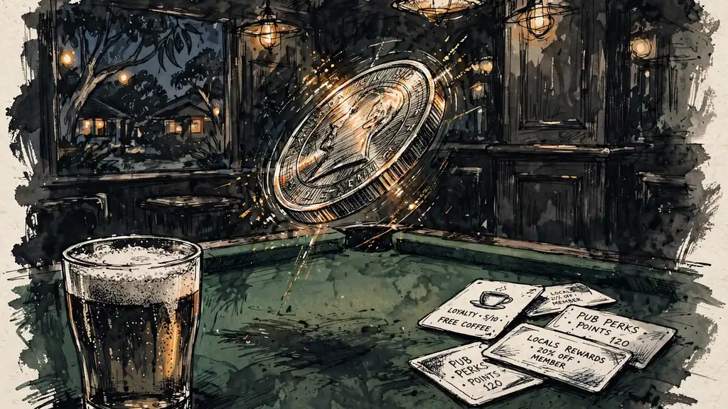 Spinning coin over a pub tabletop with beer and loyalty cards