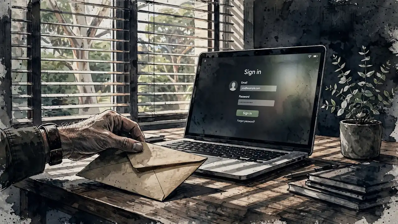 Hand placing sealed envelope beside laptop in bright Australian home office with eucalyptus plant.