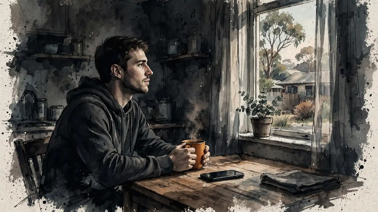 Person pausing with coffee, phone face-down, reflecting in a sunlit Australian kitchen.