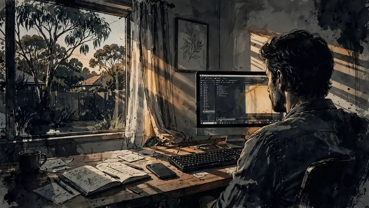 Australian home office desk with computer and eucalyptus view outside window